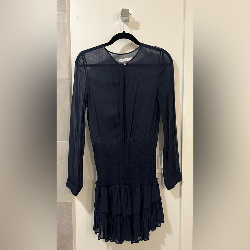 Paul & Joe Smocked Ruffle Mini Dress Navy Blue Size S